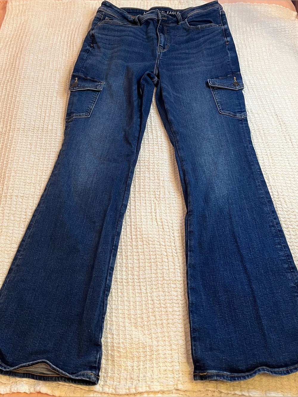 American Eagle Outfitters Women's Dark Blue Flare Cargo Jeans
